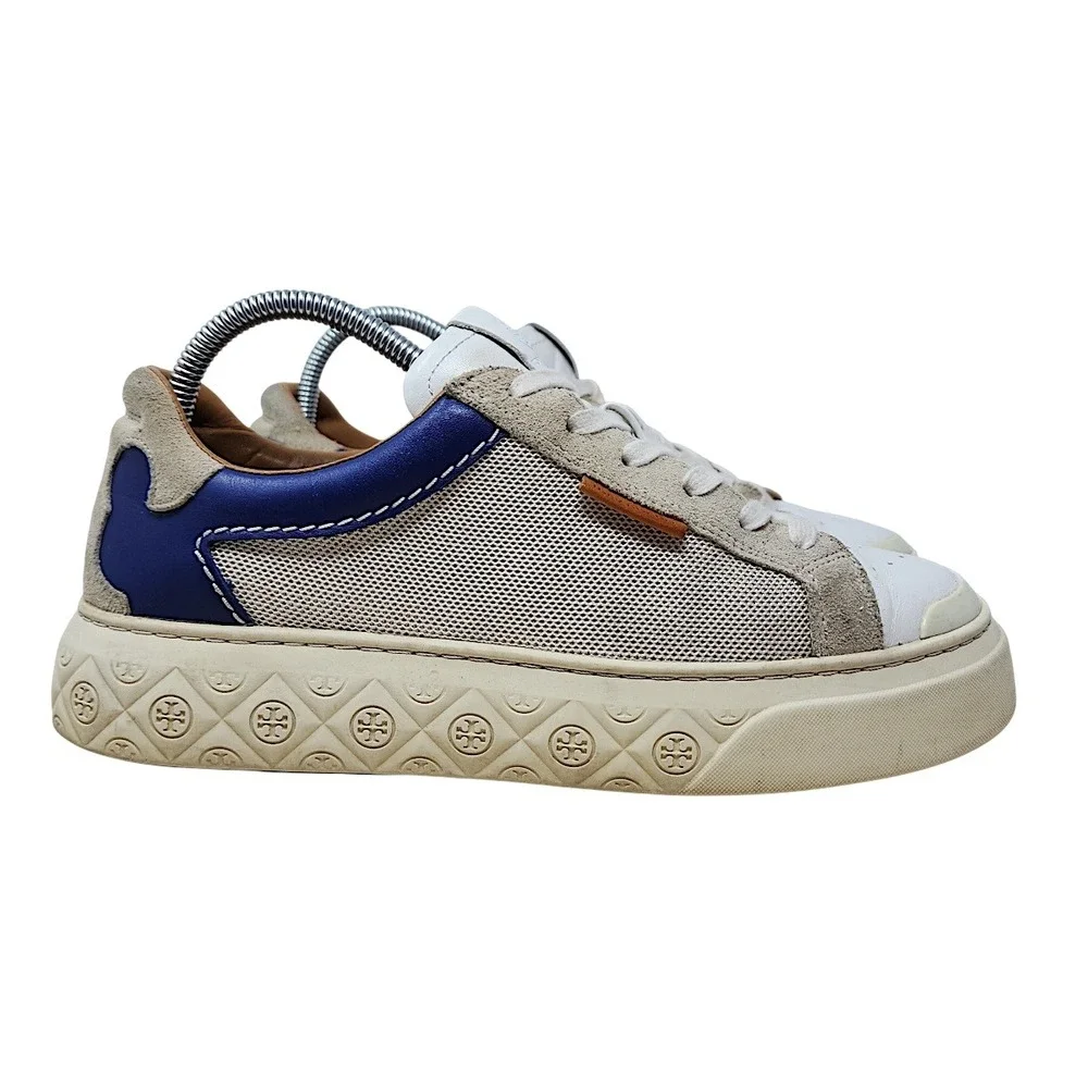 Tory Burch Ladybug Sneakers 9 M Womens Cream Blue Platform Mesh Leather Suede